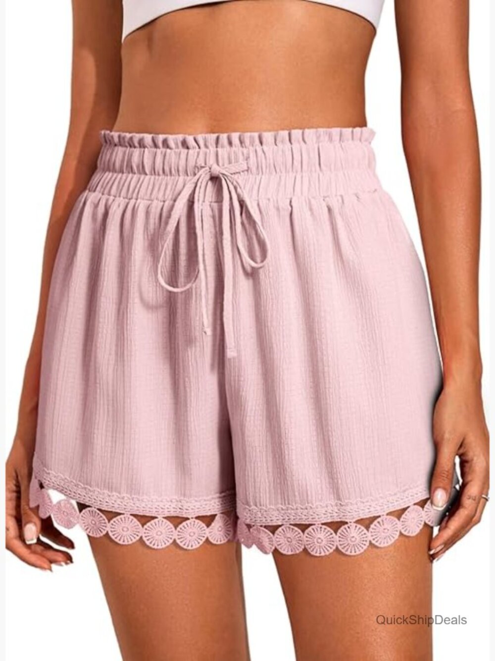Womens Casual Loose Elastic Waist Drawstring Lace Boho Beach Cover Up Shorts